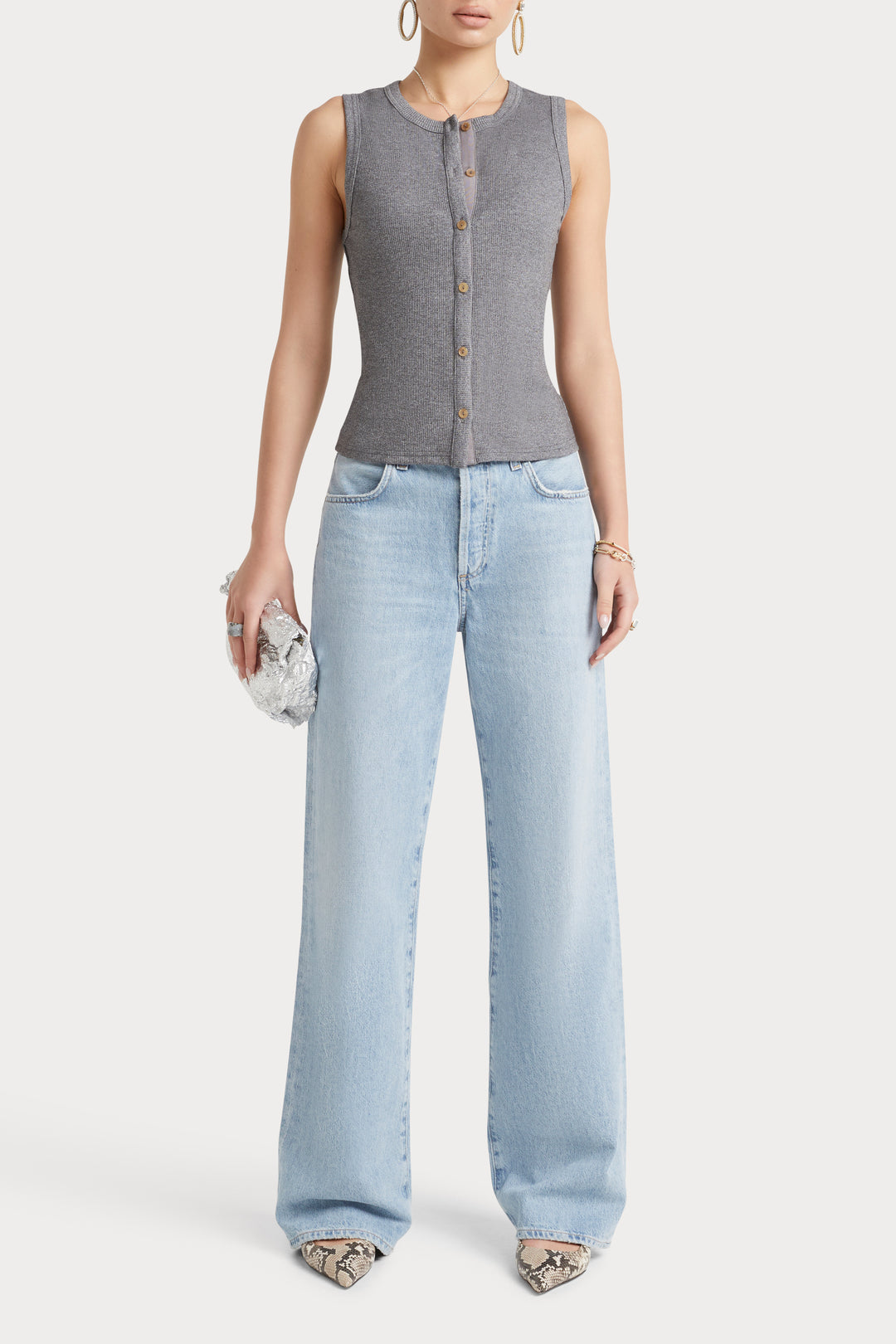 Husk Button Thru Tank - Grey Marle